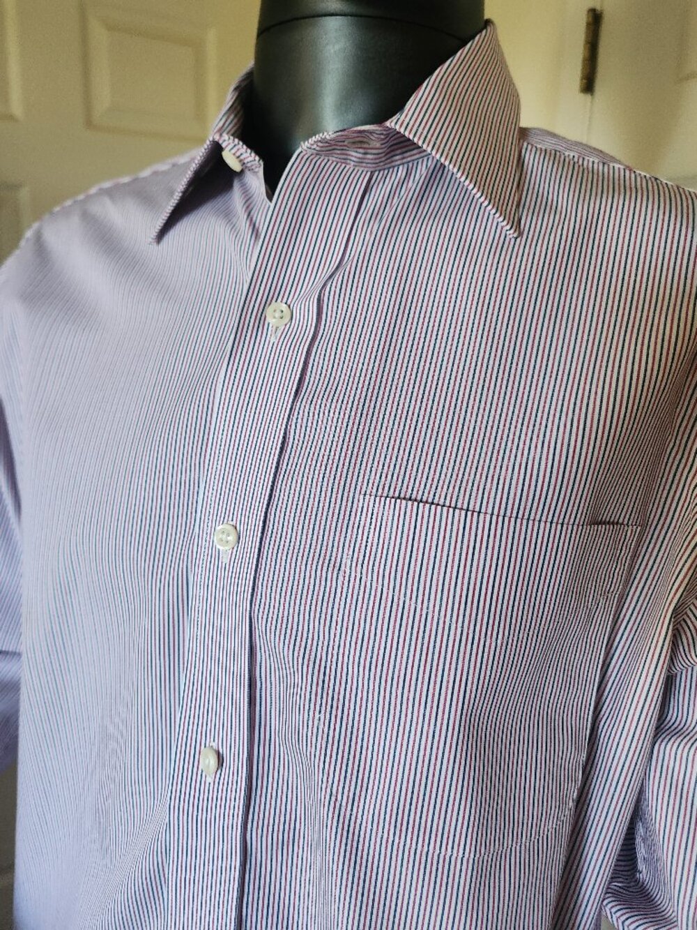Ralph Lauren Classic Men's Dress Shirt, White with Blue & Red Pinstipes, Size M